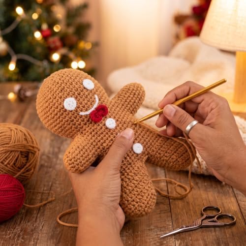 Syhood 10 Inch Crochet Gingerbread Man Christmas Tree Topper Caramel Color Farmhouse Holiday Xmas Decor for Christmas Tree Ornament Party Decoration - Image 2