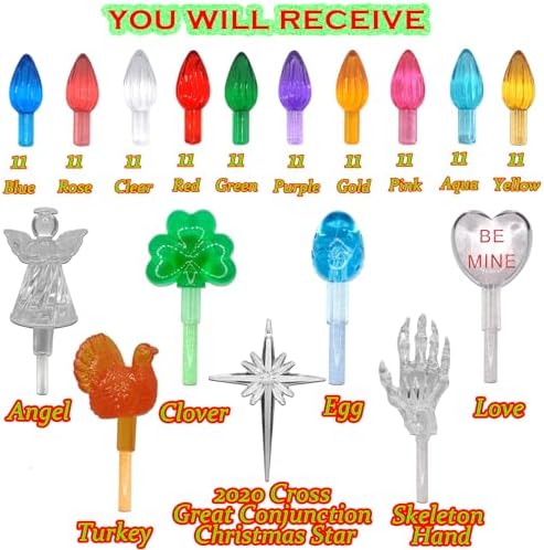 110Pcs in 10 Colors Ceramic Christmas Tree Replacement Lights - Plastic Bulbs Pegs, Included Angel Topper/Heart Top/Cross Stars/Egg/Turkey/Skeleton Hand/Clover. - Image 4