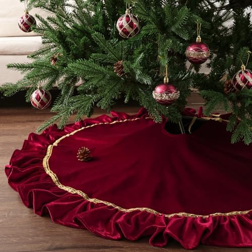 Bunny Chorus Christmas Tree Skirt: 48 Inch Large Luxury Wine Red Velvet Plush Fur Ruffled Christmas Tree Skirts with Gold Trim and Bow, Vintage Royal Decorations for Xmas Home Indoor Decor by Ivenf
