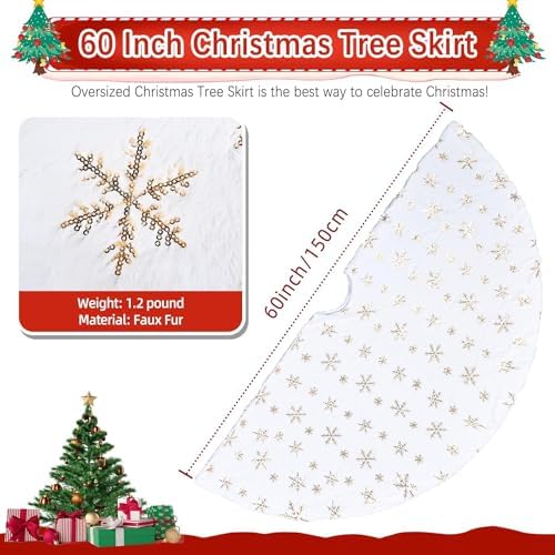 Christmas Tree Skirts 60 Inches, White Faux Fur Christmas Tree Skirt with Gold Sequin Snowflakes, Extra Large Plush Tree Skirts for Xmas Holiday Party Decorations. - Image 2
