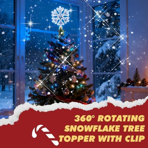 Christmas Tree Topper Lighted with White LED Lights, 360° Rotating Snowflake Tree Topper Ornament with Clip, Infinity Mirror Tree Topper Snowflake for Xmas Party Holiday Christmas Decorations - Image 3