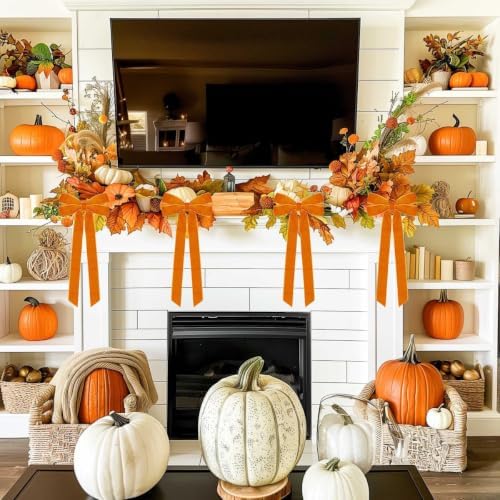 Hongsome 12Pcs Fall Velvet Ribbon Bows Tree Decorations 5in x 10in Orange - Image 5