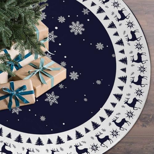 Christmas Tree Skirt 48inch Elk Snowflakes Navy Blue Xmas Decor by MEYAOHUIH