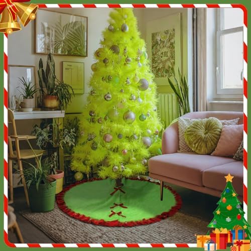 Hollowfly Red and Green Christmas Tree Skirt Furry Plush Lime Green Christmas Tree Skirts Whimsical Xmas Decorations Holiday Glittering Dot Mat Faux Round Carpet for Home Xmas Party Decor(48 Inch) - Image 3