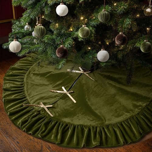 Velvet Christmas Tree Skirt, 48 Inches, Bow Style, Olive Green by Vertintong