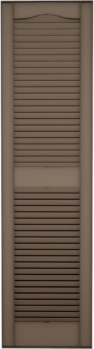 14 1/2"W x 31"H Lifetime Vinyl, Standard Cathedral Top Center Mullion, Open Louver Shutters, w/Installation Shutter-Lok's & Matching Screws (Per Pair), French Roast
