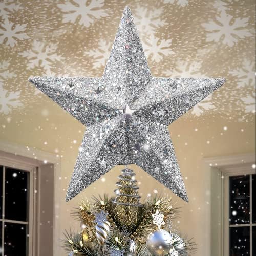 IPOW LED Snowflake Projector Star Christmas Tree Topper, 11.3 Inch Silver Glittered Star Treetop Lighted Rotating Snow Flake for Christmas New Year Holiday Decoration, Night Light Projector for Kids by IPOW