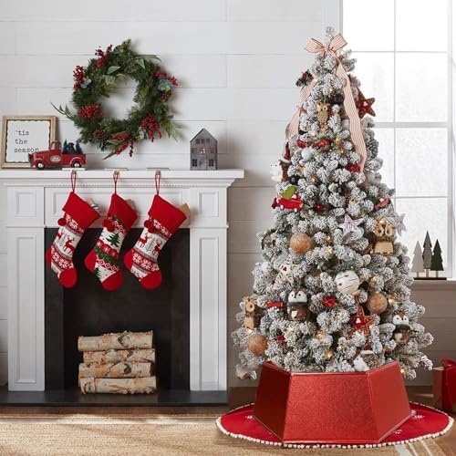 Blissun Fabric Christmas Tree Collar - Hexagonal Ring, Glittering Willow Skirt for Tree Decorations (Glitter Red) - Image 4