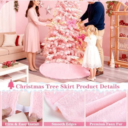 Christmas Tree Skirt 36 inch Faux Fur Pink Tree Skirt Xmas Decorations - Image 3