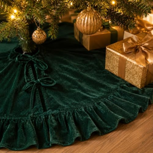 48-Inch Dark Green Ruffled Velvet Christmas Tree Skirt with 3 Bow Ties, Large Round Xmas Tree Base Cover for Holiday Home and Party Decor, 122 cm - Image 2