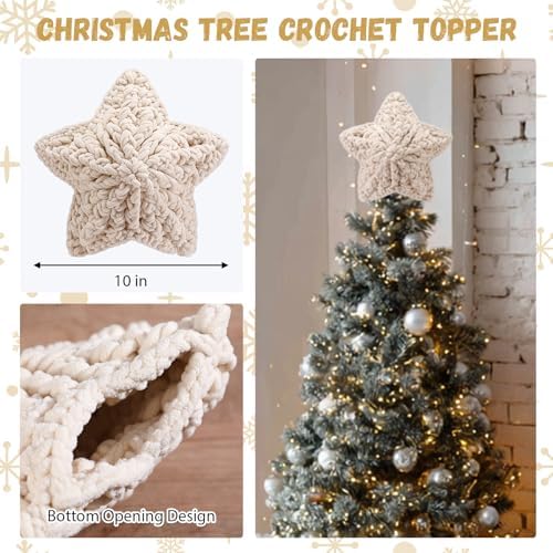Syhood 10 Inch Star Christmas Tree Topper Crochet Chunky Yarn Star Xmas Decor for Christmas Tree Ornament Farmhouse Holiday Party Decoration, Cream White - Image 3