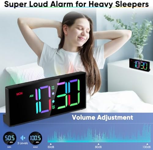 Tetino Alarm Clock for Heavy Sleepers, Digital Clocks with Adjustable Volume Brightness,Snooze,Battery Backup, Large Numbers Display RGB Colorful Changing Clock for Bedrooms,Office Living Rooms - Image 4