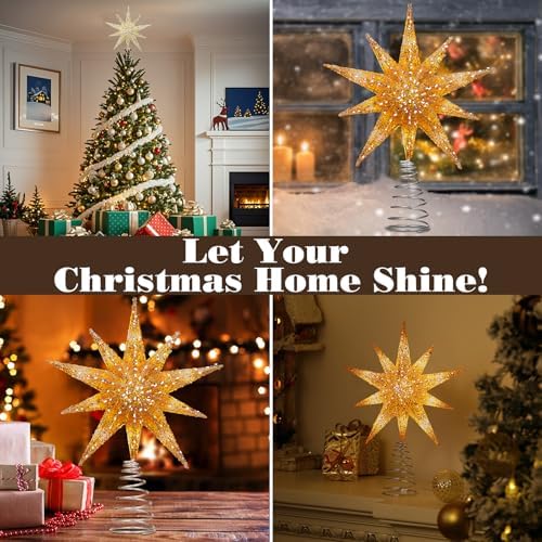 Lewondr Christmas Tree Topper Star, 13 Inch 10-Pointed Light Up Xmas Star Treetop with Plug and Remote Control for Home Christmas Decoration, 6H Timer & 8 Lighting Modes, Warm Light, Gold - Image 6
