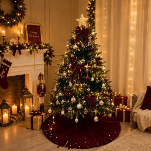 Christmas Tree Skirt Wine Red Velvet with Ruffled Pearl 48 Inch - Image 6