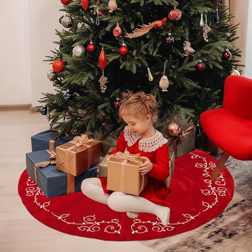 36inch Christmas Tree Skirt Red Luxury Velvet Plush Fur Skirts Baroque Tree Skirts with Gold Embroidered Pearls and Crystals Xmas Velvet Trees Skirt for Christmas Holiday Party Home Decorations - Image 5