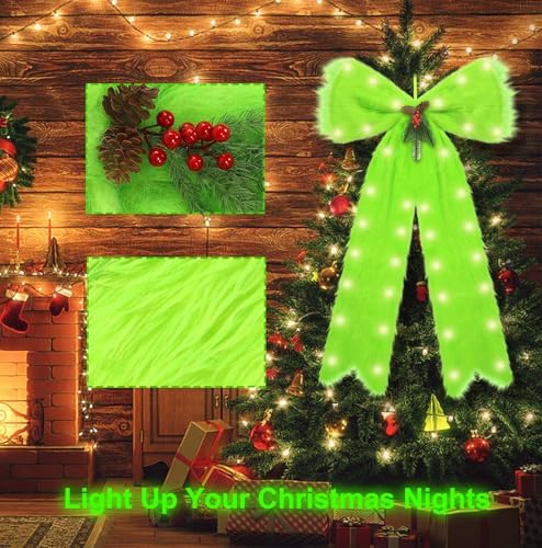 Large Christmas Tree Topper Bow with Lights, Christmas Tree Door Decorations Velvet Plush Hanging Ornaments, Lime Green Bow Berries Wreath for Party Wall Window Mantel Gifts, 47" x 17" - Image 2