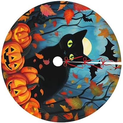 Black Cat Tree Skirts Xmas Ornaments, Halloween Pumpkin Tree Skirt for Christmas Party Holiday All Occasions 36" - Image 6
