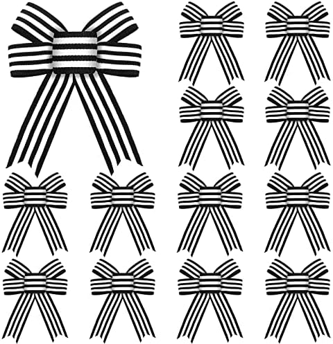 12 Pieces Christmas Black White Stripe Tree Topper Bows Christmas Burlap Bows Halloween Wreath Bow Craft for Tree Gift Wrapping Wall Home Front Door Decor by MTLEE