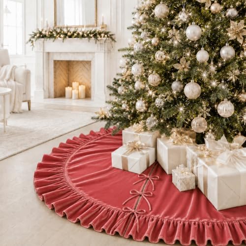 Christmas Tree Skirt,Velvet Tree Skirt with Ruffled Edge, Classic Large Velvet Fur Plush Tree Skirt for Merry Christmas(Rosered,36Inch) - Image 2