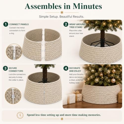 Inside Out Home 27in Christmas Tree Collar, 4-Piece Woven Holiday Tree Skirt, Protects Tree Base from Pets, White Xmas Decoration - Image 5