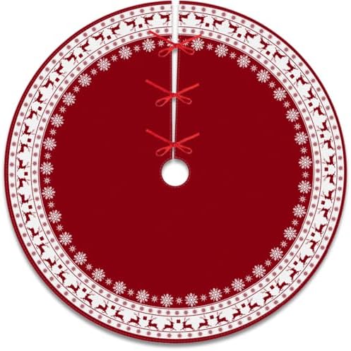 Christmas Tree Skirt, Red Tree Skirts 48 Inch with Snowflake Reindeer Rustic Farmhouse Xmas Tree Skirt Christmas Decorations for Holiday Party Decor - Image 4