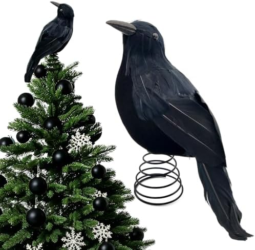 Halloween Black Crow Tree Topper Gothic Black Feathered Crow Christmas Tree Topper Raven Tree Top Ornament with Spring Base for Spooky Halloween Christmas Decor, 10 Inches by Medoore