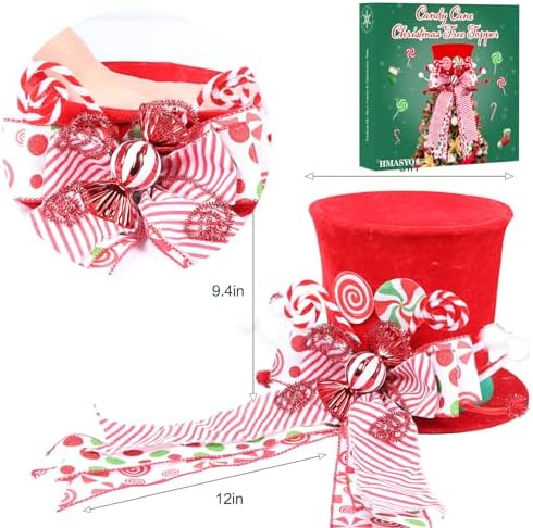 HMASYO Candy Cane Christmas Tree Topper, Velvet Red Tree Topper Hat with Candy Peppermint Bows Ribbon Ornament, Top Hat Christmas Tree Topper for Home Office Holiday Tree Decoration Xmas Gift - Image 6