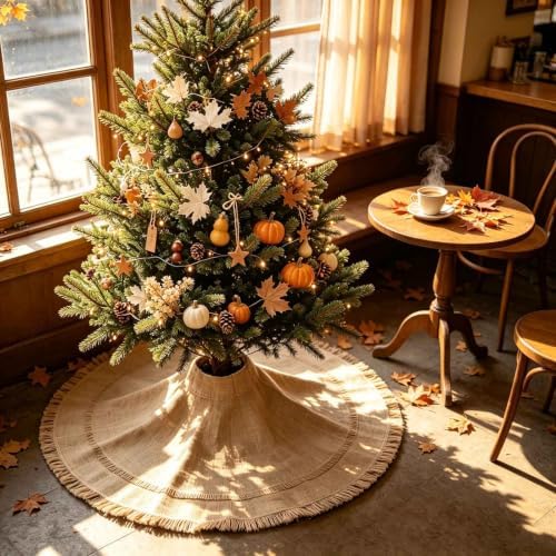 Yuboo 48" Burlap Christmas Tree Skirt with 2-Layer Tassel Design, Brown Rustic Farmhouse Jute Linen Large Fall Tree Skirt for Wedding, Birthday, Christmas Decor - Image 5