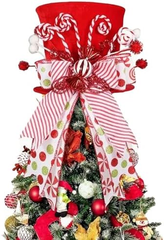 Christmas Candy Canes Tree Topper Velvet Red Hat with Peppermint Bows Ornament Santa Hat Tree Topper for Home Office Holiday Xmas Gift Tree Decoration (Red, 25cmx21cmx21cm) by Kajoeiae