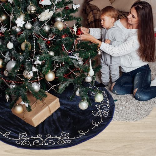 36inch Christmas Tree Skirt Navy Blue Luxury Velvet Plush Fur Skirts Baroque Tree Skirts with Gold Embroidered Pearls and Crystals Xmas Velvet Trees Skirt for Christmas Holiday Party Home Decorations - Image 5