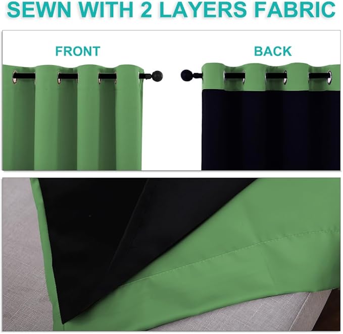 NICETOWN 100% Blackout Short Curtains with Black Liners, 2 Panels, 37" W by 50" L, Forest Green, Solid Thermal Insulated Full Blackout 2-Layer Lined Drapes, Energy Efficiency Window Drapes for Bedroom