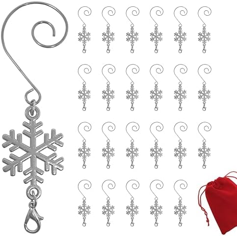 Snowflake Christmas Ornament Hooks Set of 24, Shiny Silver Metal S-Hooks with Lobster Claw Clasps, Decorative Xmas Tree Ornament Hangers, 3.5 Inch Snowflake Hanging Hooks for Ornaments, Gift Tags by BANBERRYDESIGNS