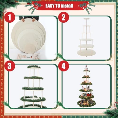 Barydat Christmas Tree Village Christmas Bookshelf Display Supplies Ornament Display Tree Stand Wooden Holder for Holiday Display(6 Tier 71 Inches) - Image 3