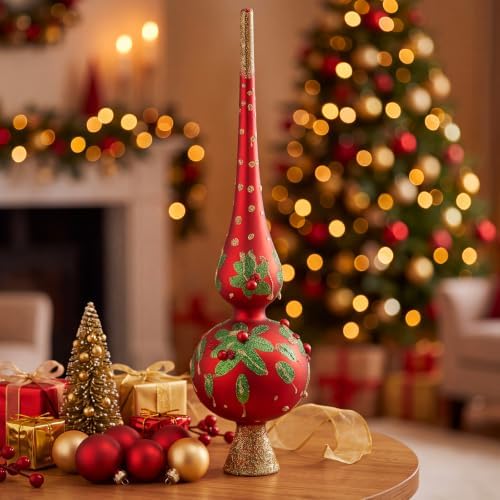 Gejoy Mercury Glass Christmas Finials Tree Topper Poinsettia Red Ornaments - Image 4