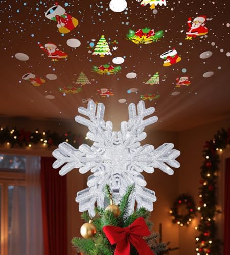 Christmas Tree Topper Lighted Decorations, Built-in Led 360° Rotating Projector Lights, Silver Spangles Plug in for Indoor Home Xmas New Year Party Holiday Night Tree Decor by Tenmiro