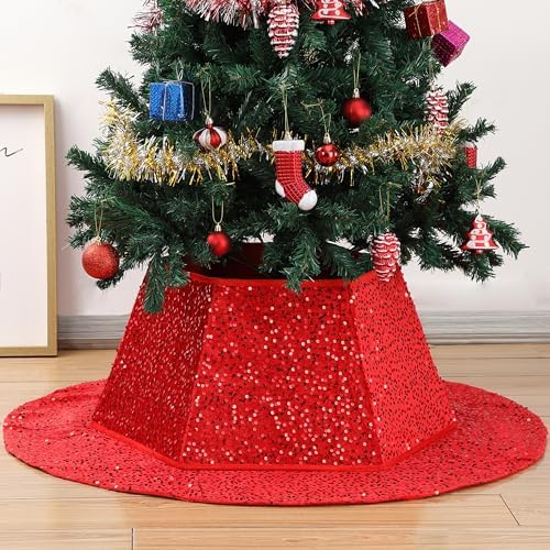 Mr. Pen- Red Sequin Christmas Tree Skirt and Tree Collar by MrPen