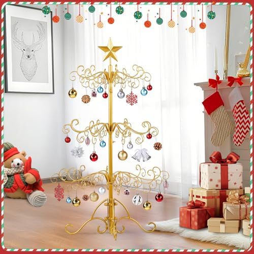 VINGLI 3ft Wrought Iron Christmas Tree w/80 Branch Tips, 3-Tier Metal Display Stand for Gifts, Box, Ornament Display Tree Suit for Holiday, Party, Home Decor, Indoor & Outdoor Decor Hanger, Gold - Image 4