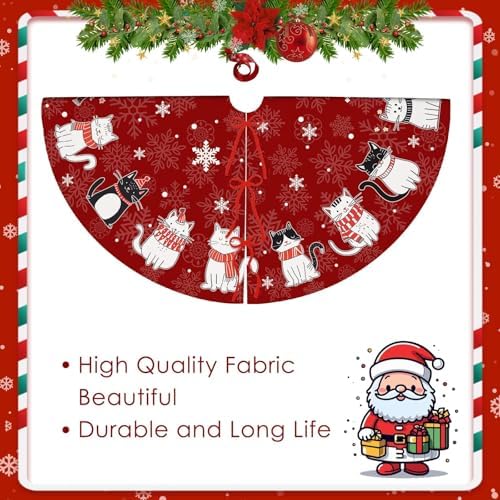 Red Cat Christmas Tree Skirt 36 Inch Cat Christmas Tree Decorations Snowflakes Xmas Tree Skirt for Winter Holiday Party Home Decor Indoor Outdoor Ornaments - Image 6