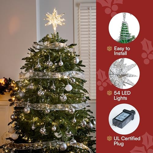 JOIEDOMI 7.8" Metal 3D Silver Glitter Star Christmas Tree Topper Decor, 56 LED Light with Plug Timer Ornaments Treetop Decorations Home Holiday Party Indoor - Image 4