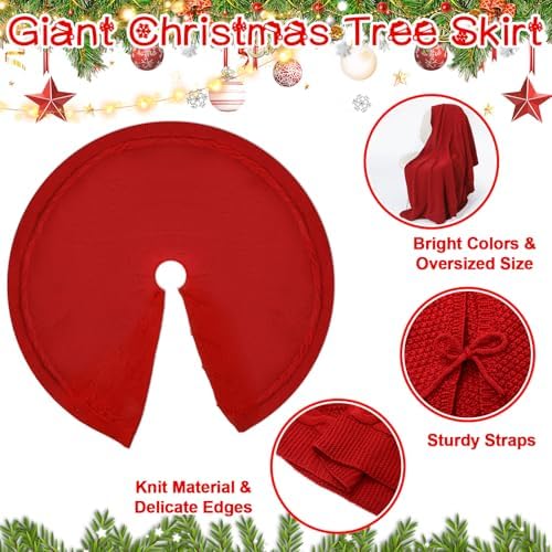 84 Inch Christmas Knitted Tree Skirt Giant Claret Red Chunky Xmas Tree Skirt Extra Large Cable Knit Thick Rustic Farmhouse Xmas Ornaments for Home Merry Christmas Holiday Winter Party Decoration - Image 3
