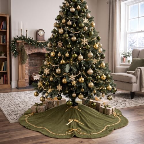 Arrowbash 72 Inch Olive Green Christmas Tree Skirt Velvet Fur Scallop Tree Skirt Sparking Gold Lace Trim for Party Rustic Xmas Holiday Decorations All Year - Image 2