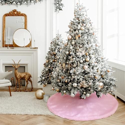 Christmas Tree Skirt Pink Plush 48 inch Xmas Tree Skirt Faux Fur Thick for Family Party Christmas Tree Decoration - Image 2