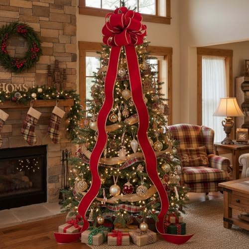 Christmas Tree Topper Bow - Bow: 11" sq. - Tails: 3 Yards Long Each - Velvet Red - Image 2