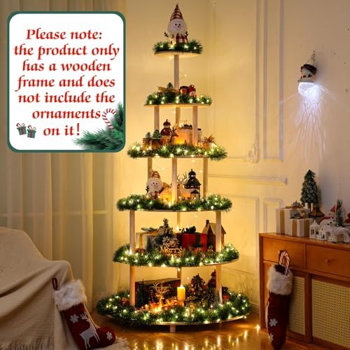 Barydat Christmas Tree Village Christmas Bookshelf Display Supplies Ornament Display Tree Stand Wooden Holder for Holiday Display(6 Tier 71 Inches) - Image 4