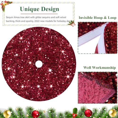 Christmas Tree Skirt Burgundy Velvet Tree Skirt Small Sequined Tree Skirts 21 Inch Mini Sequin Glitter Tree Cover Mats Metallic Tree Ornaments for Silm Tree Maroon Skirt Tree Burgundy Christmas Decor - Image 2
