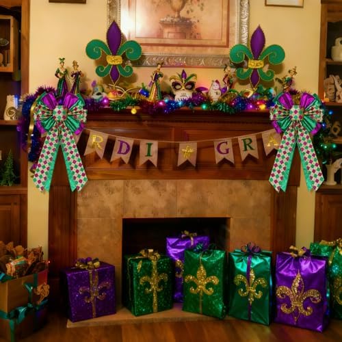 2 Pcs Mardi Gras Bows for Wreaths Decorations,12?€?x20?€? Large Glitter Tree Topper Bow Decor for Holiday Party Wall Home Front Door Float Golf Cart Gold Green Purple - Image 6
