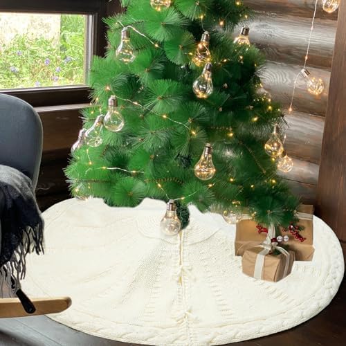White Christmas Tree Skirt 24 Inch, Knitted Tree Skirt for 4Ft Pencil Tree, Vintage Thick Small Tree Skirt for Christmas Trees Decoration, Xmas Home Indoor Farmhouse Decorations - Image 5