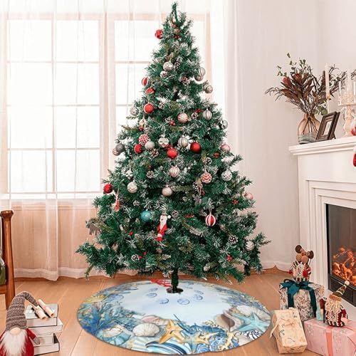 Shell Coastal Beach Starfish Sea Seahorses Christmas Tree Skirt - Plush Polyester Mat Resistant with 3 Red Ties for Xmas, Halloween Decorations, Party Decor 48" - Image 2