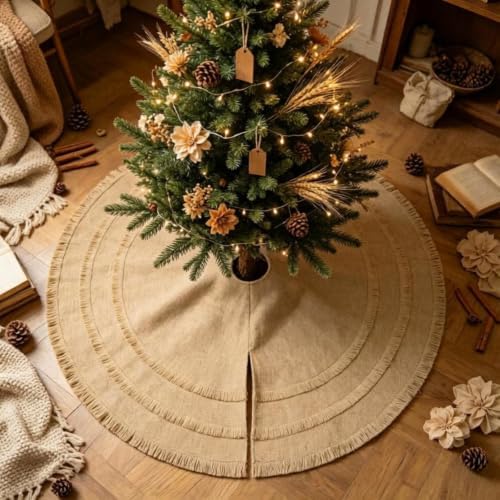 Yuboo 48" Burlap Christmas Tree Skirt with 3-Layer Tassel Design, Brown Rustic Farmhouse Jute Linen Large Fall Tree Skirt for Wedding, Birthday, Christmas Decor - Image 6