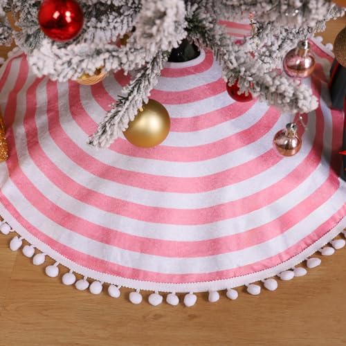 30 Inch Pink and White Christmas Tree Skirt with Pom Poms - Image 2
